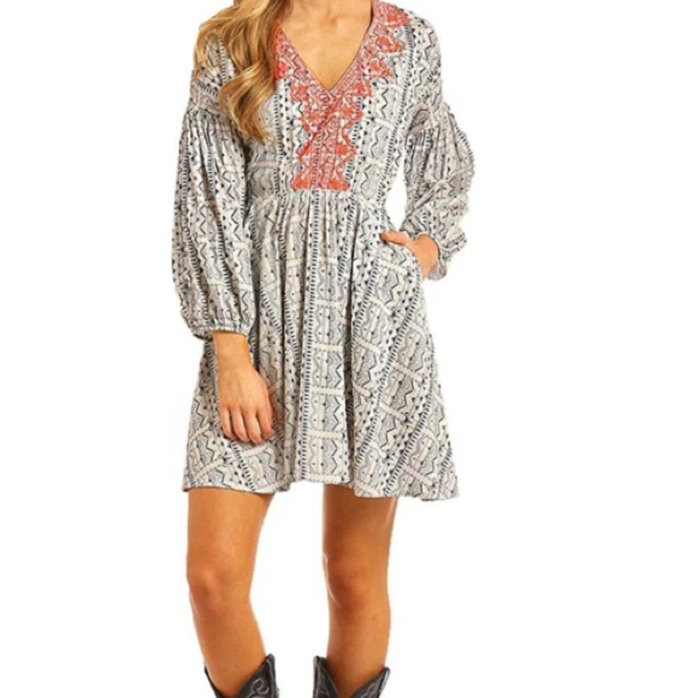 Rock & Roll Cowgirl White and Coral Printed Mini Dress